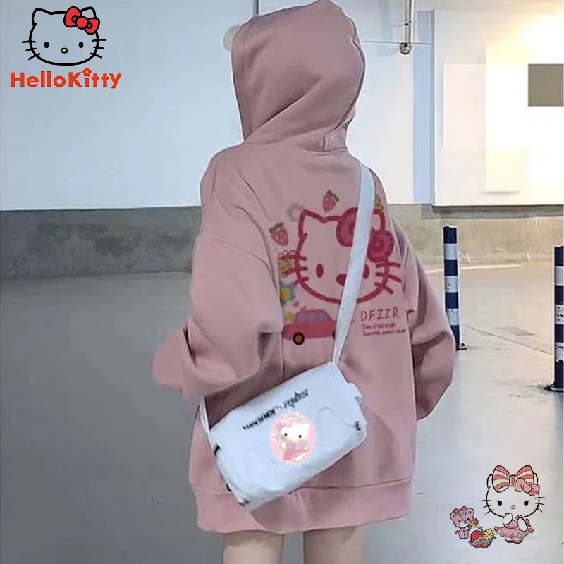 

Толстовка с капюшоном Hello Kittys Kawaii Sanrios аниме, новинка, свежая осенне-зимняя свободная модная Толстовка в стиле хип-хоп, кенгуру, карманный под...