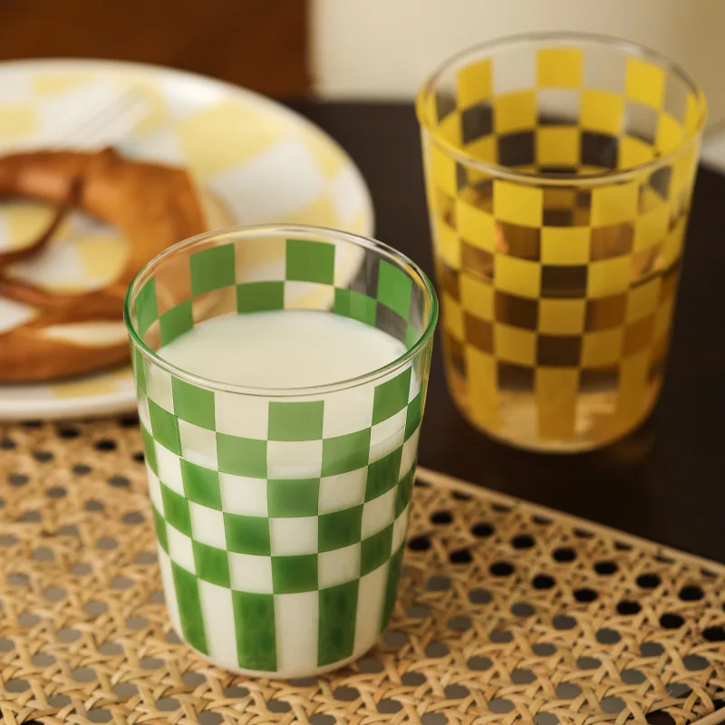 

Vintage Checkerboard Glass Cup Milk Juice Tea Whiskey Beer Glass Heat Resistant Espresso Latte Coffee Cup Drinking Cup