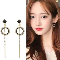 korean temperament long tassel new stud earrings female simple personality classic black rhinestone circle drop earrings jewelry