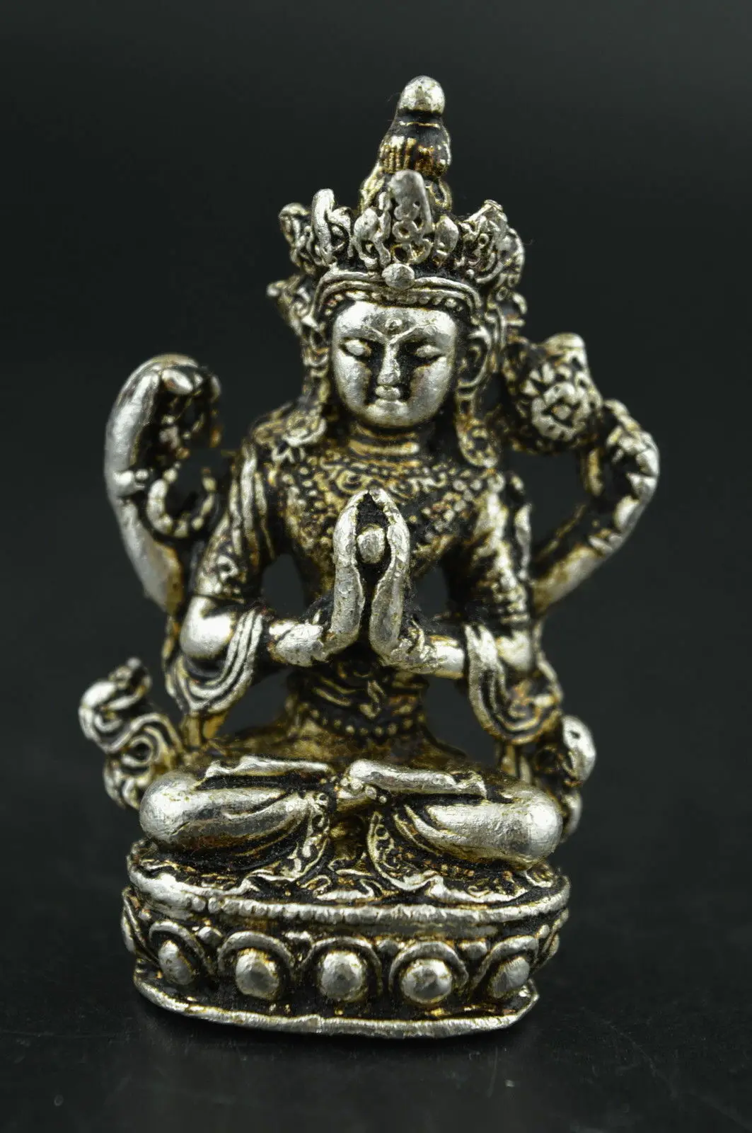 

China Old Decorated Miao Silver Carving Gracious Buddha Rare Exorcise Statue