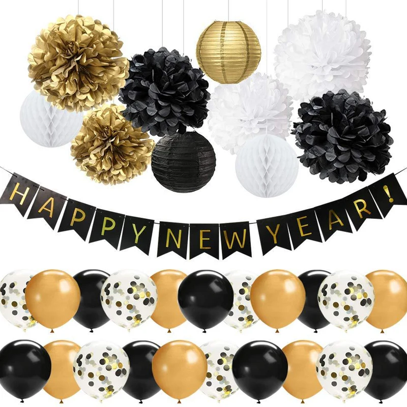 

Happy New Year Banner Latex Balloon Set Paper Fan Flower Black Gold Paper Lantern New Year Party Decoration Set