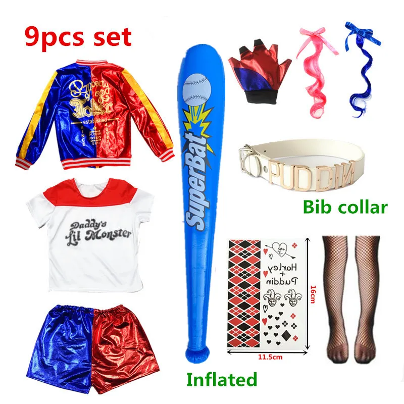 

Kids Cosplay Costumes Quinn Harley Харли Куинн Kids Girls T Shirt Bracer Joker Jacket Belt Wig Gloves