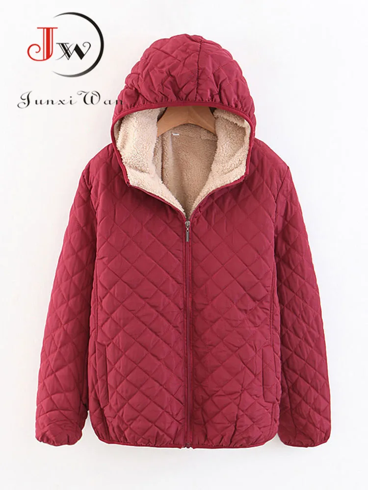 Women Autumn Winter Parkas Coat Jackets Female Lamb Hooded Plaid Long Sleeve Warm Winter Jacket S~3XL casaco feminino