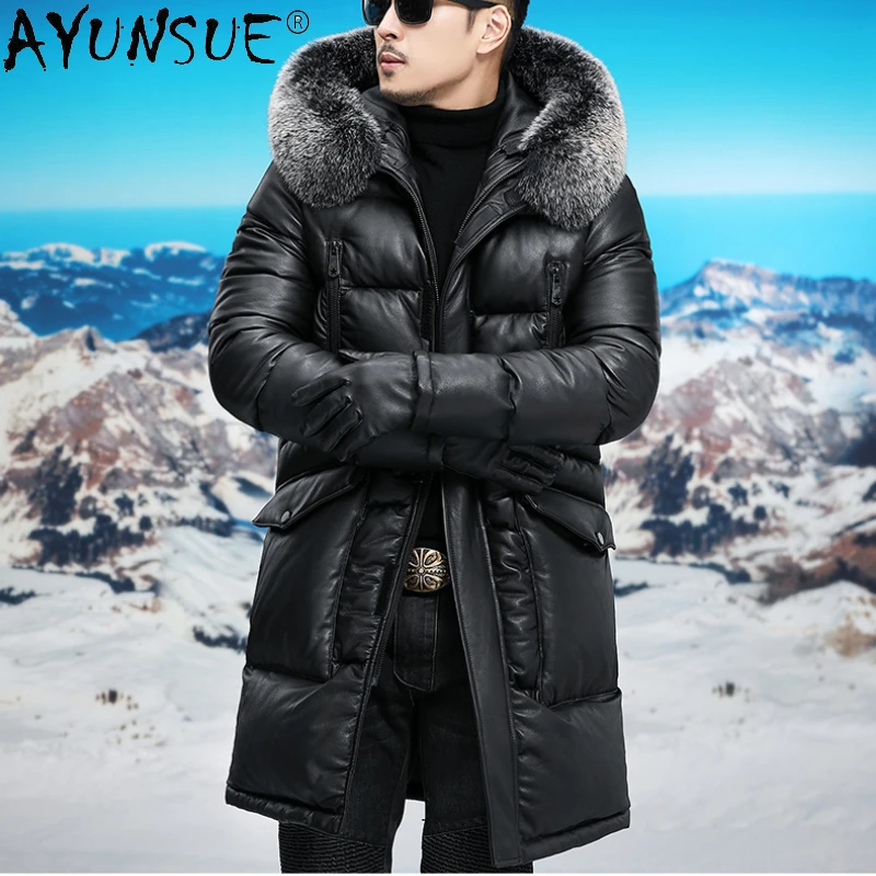 

AYUNSUE 100% натуральная коровья кожа куртка для мужчин Кожаная куртка 2023 зимние Утепленные пуховики с капюшоном Лисий меховой воротник Jaquetas