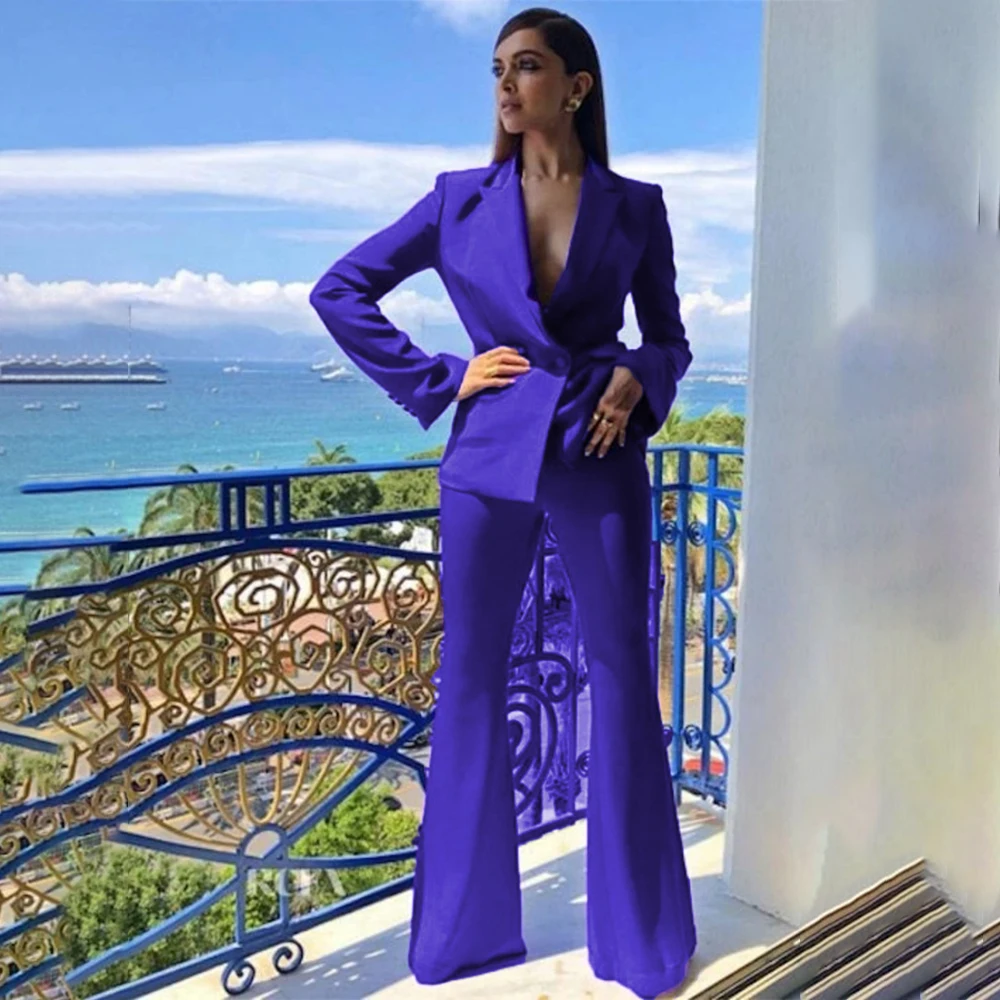 2023 Spring Purple Women Pantsuit Set Lapel Double Breasted Fashion Minimalism Solid Long Sleeve 2 Piece Blazer+Flared Trousers