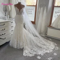 luxury lace mermaid wedding dress 2022 spaghetti straps wedding dresses plus size custom made long train bridal dress