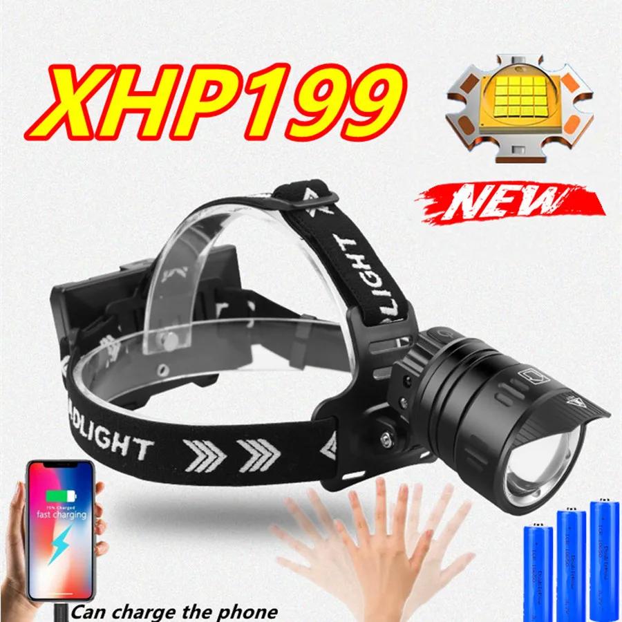 

2022 Newest IR Sensor Powerful Led Headlamp XHP199 LED Headlight 18650 Head Flashlight USB Rechargeable Head lamp torch 18h