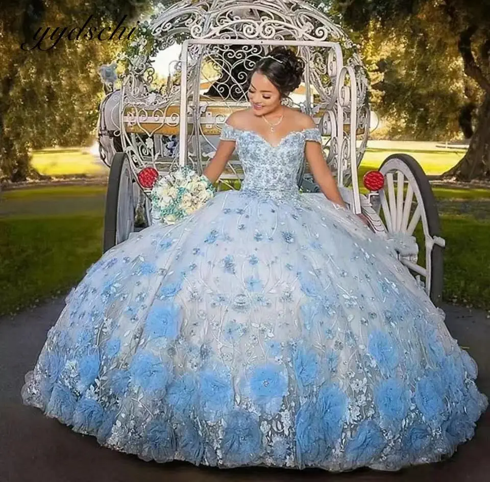 

Blue Off The Shoulder Quinceanera Dresses Tulle Appliques Ball Gown Lace Up Pageant Vestido De 15 Anos Quinceanera 2022 Party