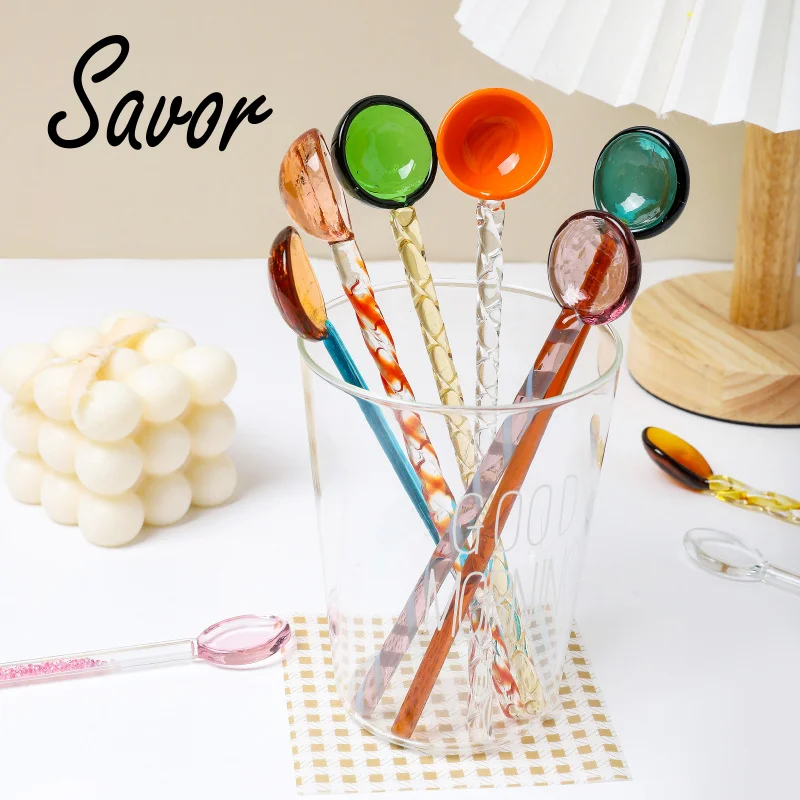 

Glass Milk Spoon Colored Transparent Coffee Dessert Stirring Spoons Long Spiral Handle High Temperature Resistant Kitchen 1PC