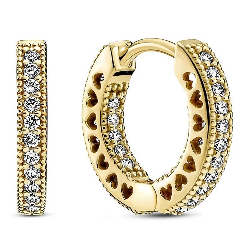 

Authentic 925 Sterling Silver Moments Golden Pave Heart With Crystal Hoop Earrings For Women Wedding Gift Fashion Jewelry