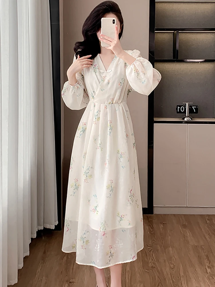 Весеннее белое шифоновое повседневное платье с цветочным принтом и длинным