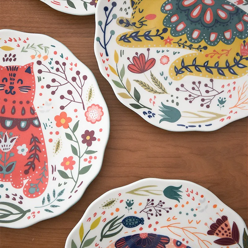 

8 дюймов, красочная обеденная тарелка с кошкой, керамические блюда ручной работы, картина, декор для комнаты, столовая посуда, домашние фрукт...