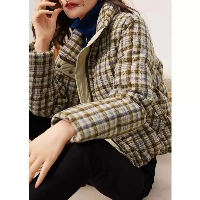 2022 Light Luxury Stand-Up Collar Yarn-Dyed Plaid White Goose Down Jacket Women's Winter Simple Thickening Warm Short Coat Women