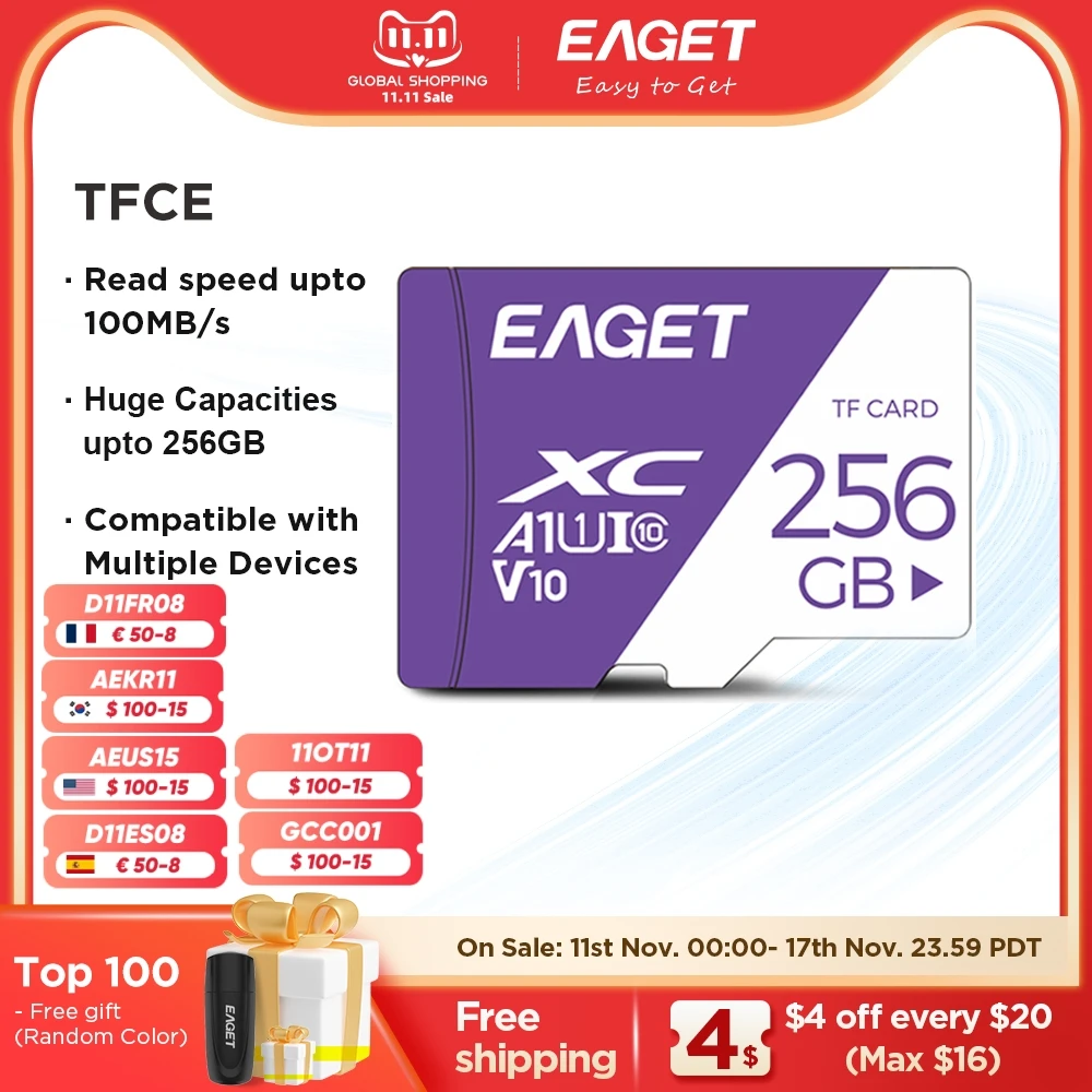

Micro SD карта памяти EAGET TFCG, 256 ГБ, 128 ГБ, 64 ГБ, 32 ГБ