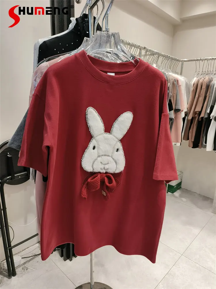 

Утепленная футболка с коротким рукавом и вышивкой из мультфильма, свободная футболка большого размера средней длины, Топ для женщин, новинк...