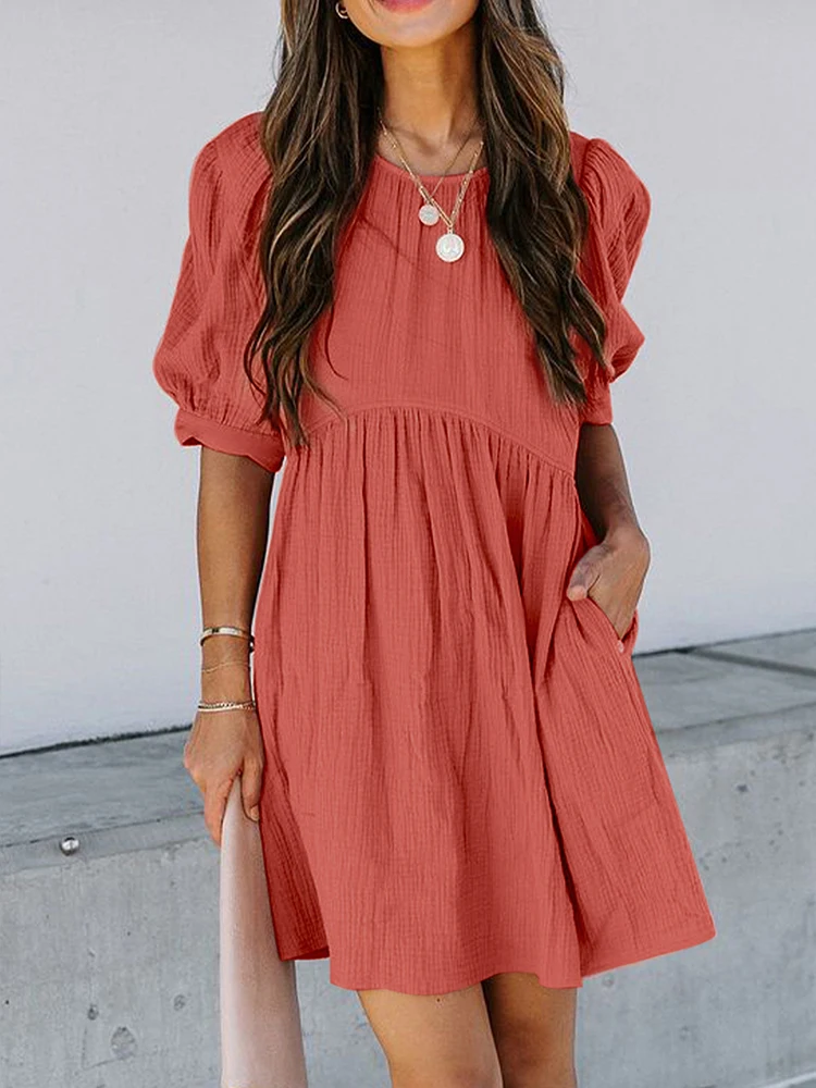 

Summer Woman Dress Pocketed Puff Sleeve Empire Waist Swing Mini Dress Female Casual Vintage Loose Green Short Dress Vestidos