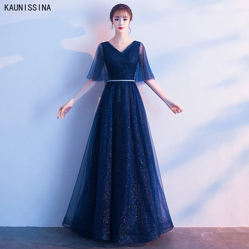 

KAUNISSINA Elegant Tulle Long Prom Dresses Half Sleeves V-Neck A Line Floor Length Cheap Evening Gowns Party Dress