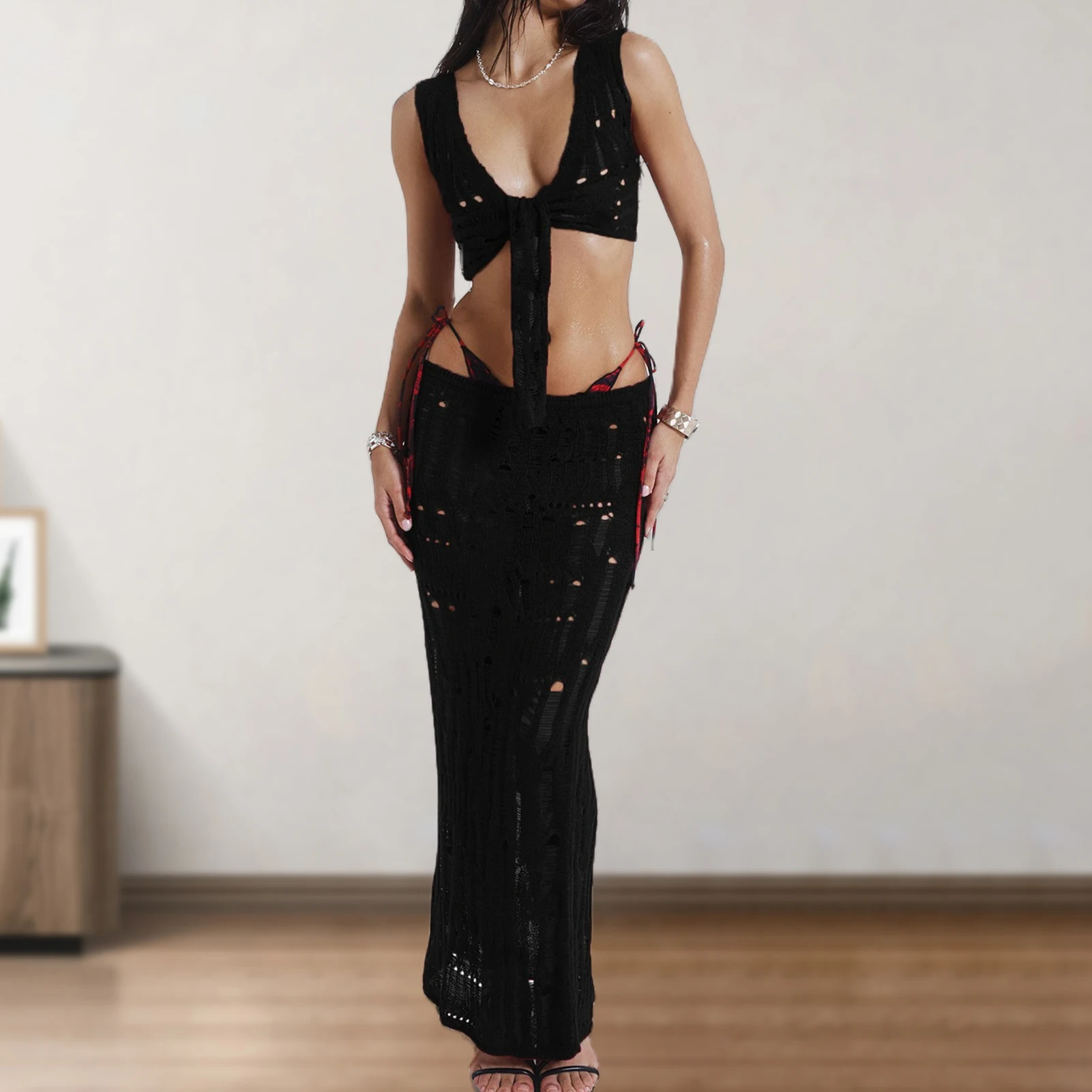 

Ladies Crop Top Bodycon Skirt Women Crochet Vest Top Long Skirt Slim Fit Navel Exposed Y2K Style Solid Color Beach Outfit