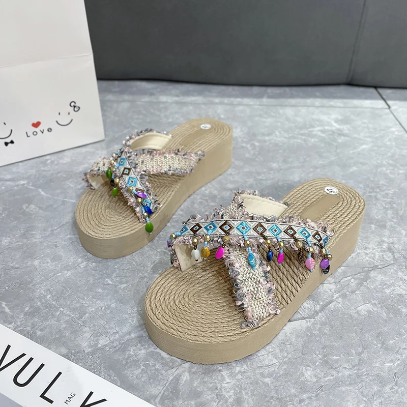 2023 Summer Straw Women's Flat Slippers Boho Ethnic Style Flat Sandals Casual Outdoor Non-Slip Flip-Flops Casual Beach 35-40