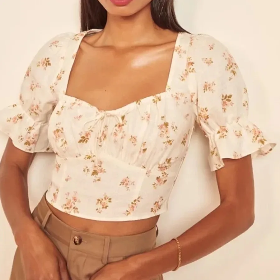 

Dave&Di France Style Indie Folk Retro Floral Print Square Collar Short 2022 Fashion Flare Sleeve Casual Blouse Women Tops