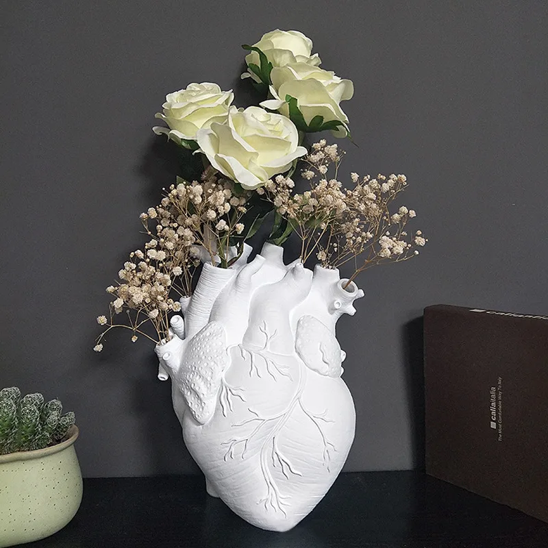 Resin Anatomical Heart Shape Flower Vase Art Style Human Heart Flower Pot Body Art Sculpture Desktop Decor White Ornament Gifts