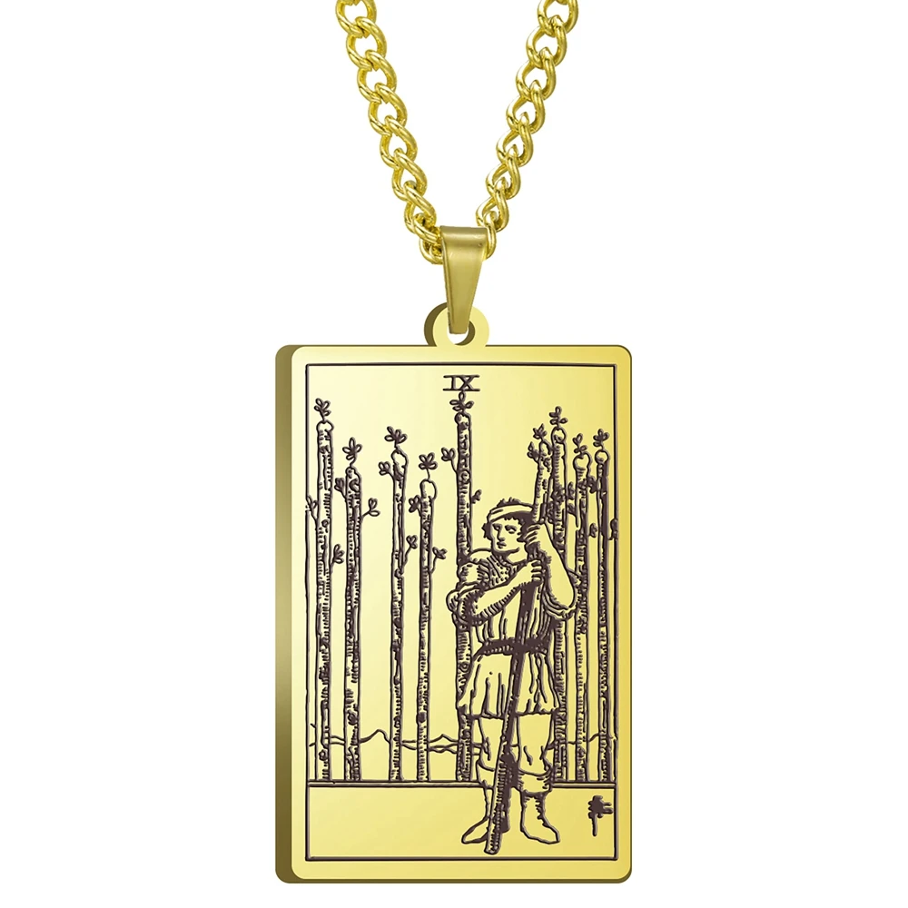 

Stainless Steel Jewelry Black Color Gold Color Steel Color 24x40mm Tarot Nine Of Wands Pendant Necklace With 60cm Link Chain