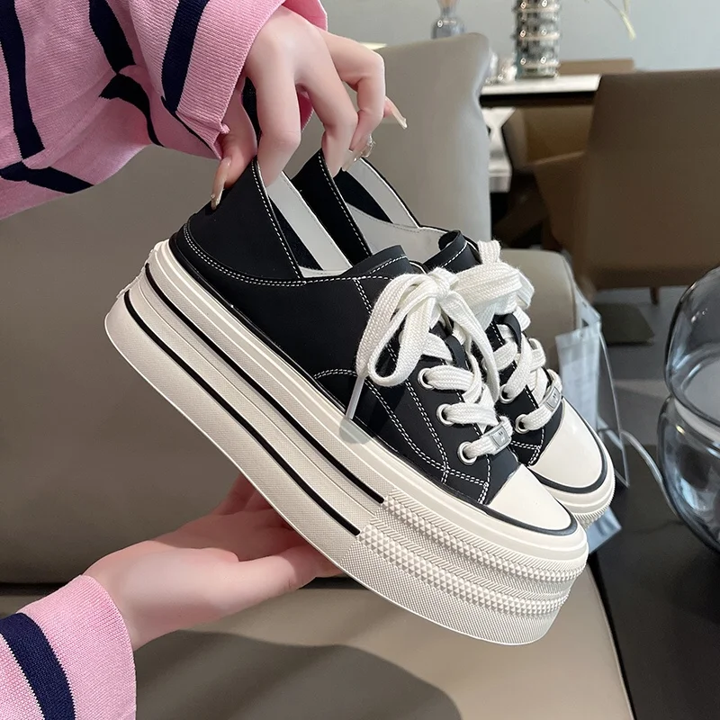 

Women's Canvas Sports Shoes Women's Casual Shoes 2023 Girls' Sports Shoes Fashion Thick Soled Shoes Lace Up Zapatillas Mujer