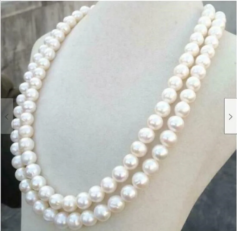

36 inch 9-10mm AAA Akoya white pearl necklace pure 14k gold buckle