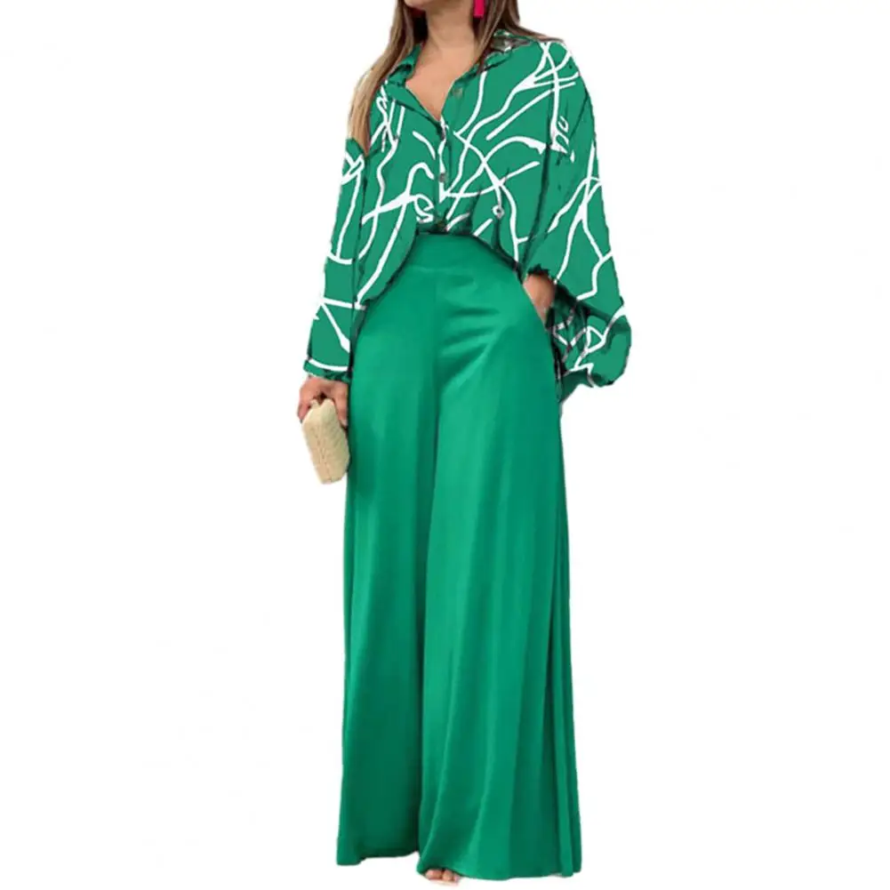 

Multi-size Women Outfit Stylish 2-piece Lapel Leaves Print Shirt Pants Set for Office Outfit Long Sleeve High Waist Wide Leg