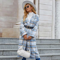 2021 autumn and winter fashion new blue and white plaid long sleeved pocket ladies cardigan windbreaker womens mid length coat