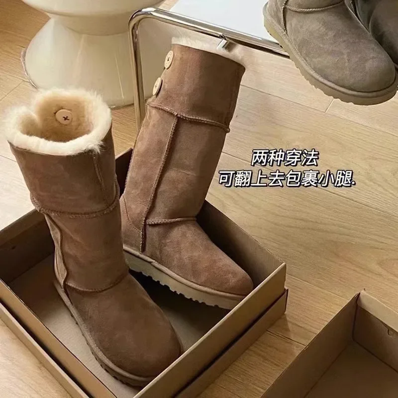 

Женские замшевые кожаные теплые сапоги для снежной погоды, новые зимние повседневные утепленные пушистые сапоги на пуговицах, женская обувь на платформе, Новинка