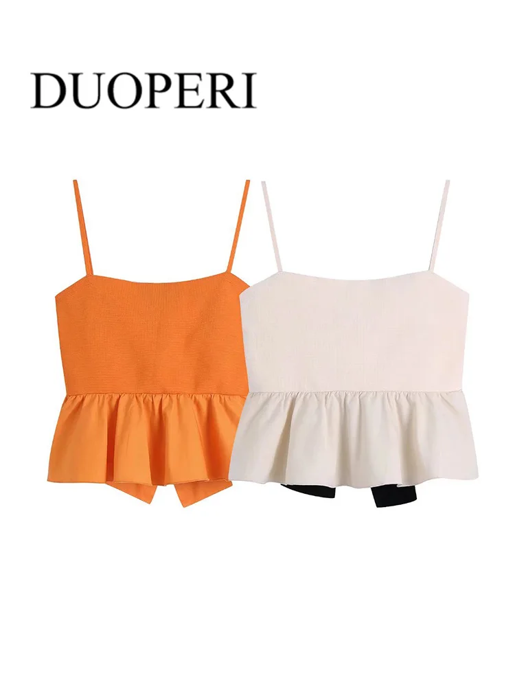 

DUOPERI Women Fashion Cropped Tank Tops With Bow Tie Ruffled Hem Vintage Thin Straps Smocked Elastic Female Camis Mujer
