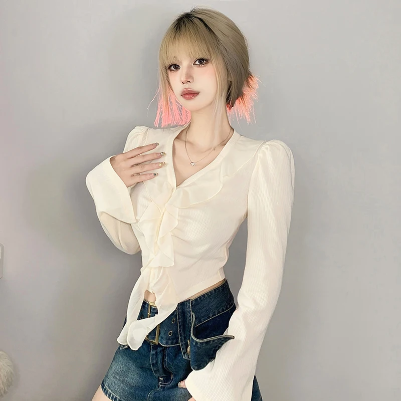 

Футболка WDMSNA женская с V-образным вырезом, французская Укороченная рубашка с оборками, однотонная приталенная Феминистская футболка с длинными рукавами-фонариками