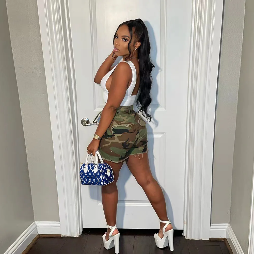Summer Hight Waist Camouflage Shorts Fashion Tassel Hollow Out Jeans Pockets Short Pants Women Streetwear Loose Straight Shorts