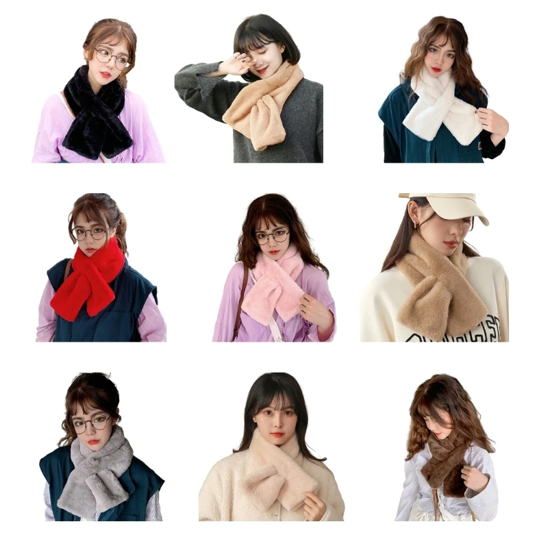 

Winter Warm Scarf Women Faux Furs Neck Warm Soft Furry Thick Collar Plush Loophole Bow Shawl Wrap Scarf