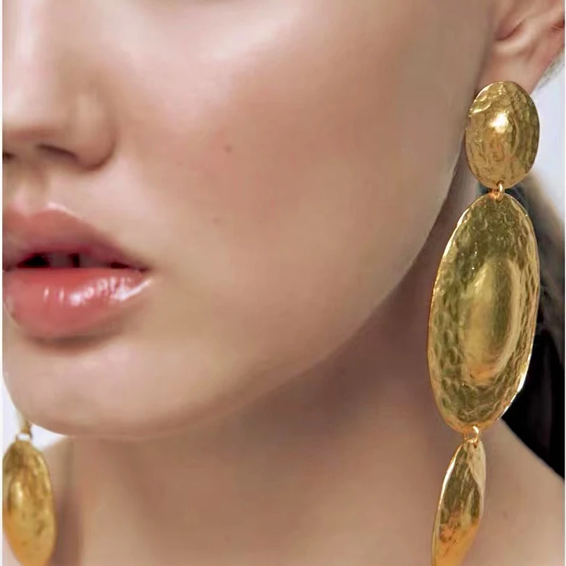 

Za New 2022 Vintage Long Oval Gold Color Drop Earrings for Woman