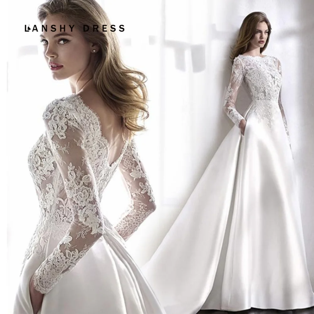 

Satin Lace Slim Fashion Bride Long Sleeve Backless Women's Prom Dress Banquet Gown For 2023 Women Wedding Party Dresses