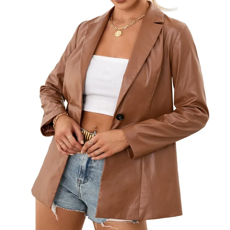 Medium Length Slim Single Breasted Suit Solid Color PU Motorcycle Leather Suit Jacket Blouse Women Office Lady Formal Suit Top