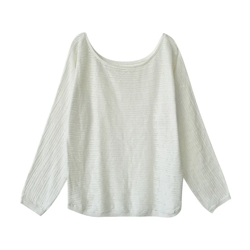 

Oversize Textured Cotton Knitted Eyelet Sweater Hole Slash Neck Pullovers Knitwear Autumn