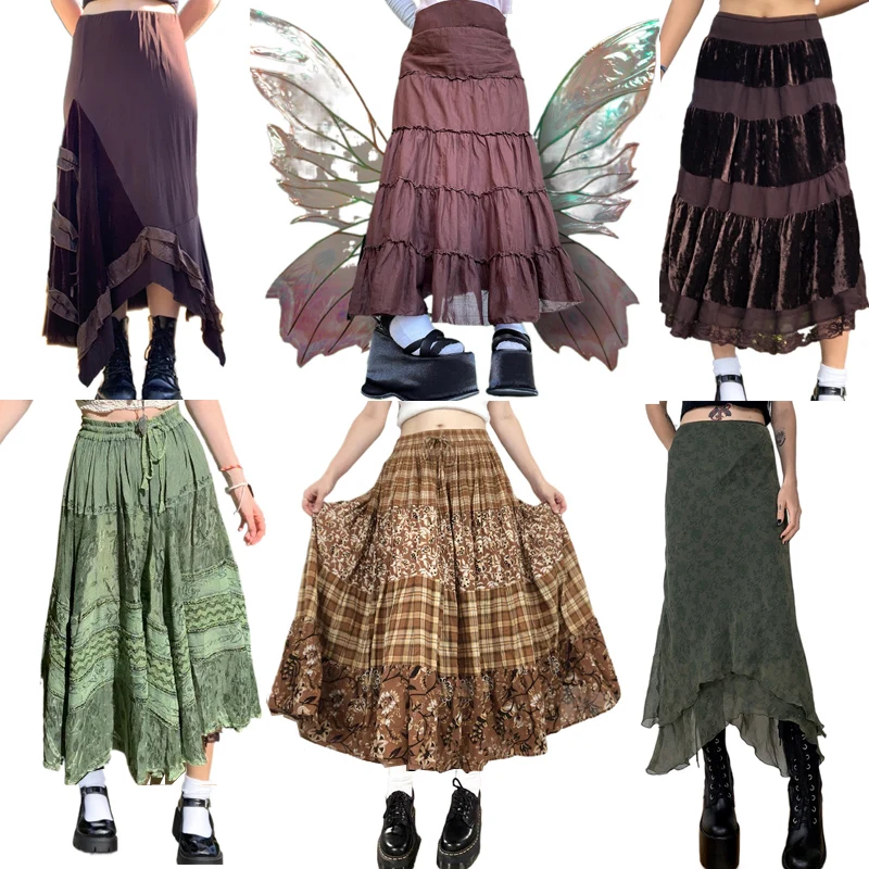 Fairy Grunge Kawaii  Midi Skirt Aesthetic Retro Frills High Waist Straight Skirts Women Vintage Harajuku Streetwear