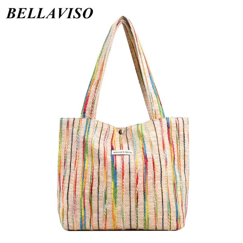 

BellaViso Lovely Women's Canvas Tote Bag Female Casual Large Capacity Rainbow Stripes Travel City Shopper Shoulder Bags BLCB-26