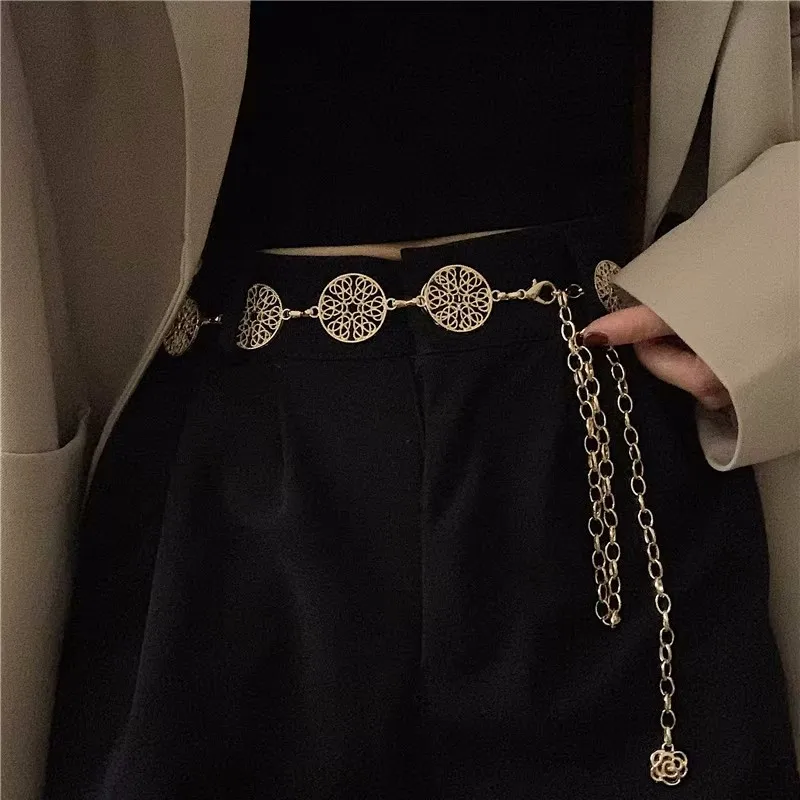 Women's Chain Belt Metal Waist Chain Dress Belts Circular Hollow Girdle For Women Metal Belt Adjustable