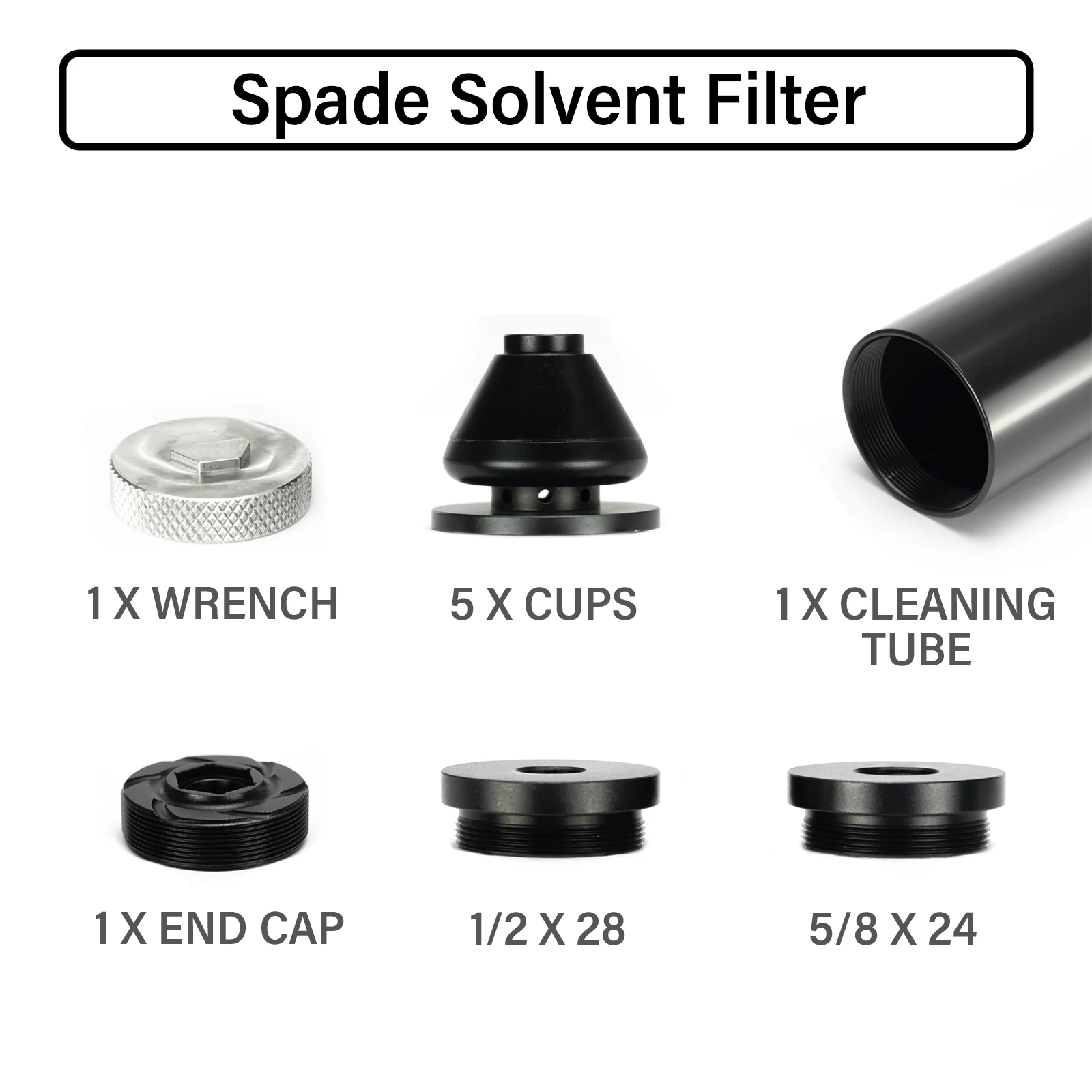 

8''L 1.58''OD Stainless Steel 1/2x28+5/8x24 Solvent Cleaning Tube Filter Built in Spacer 1.375x24 TPI 5x Aluminum Spade Cone Cup