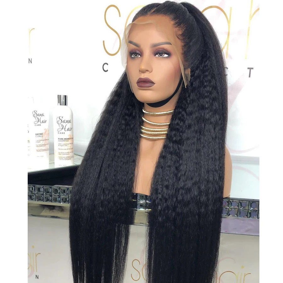 

Preplucked мягкий бесклеевой Yaki 26 дюймов длинный 180% плотность курчавый прямой кружевной передний парик для женщин Babyhair натуральный черный ежедн...