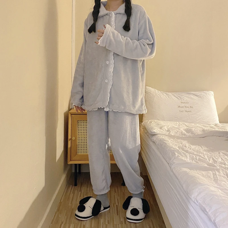 

Женская зимняя плотная теплая Домашняя одежда из двух предметов, фланелевые пижамные комплекты, кружевная Лоскутная однобортная Пижама, же...