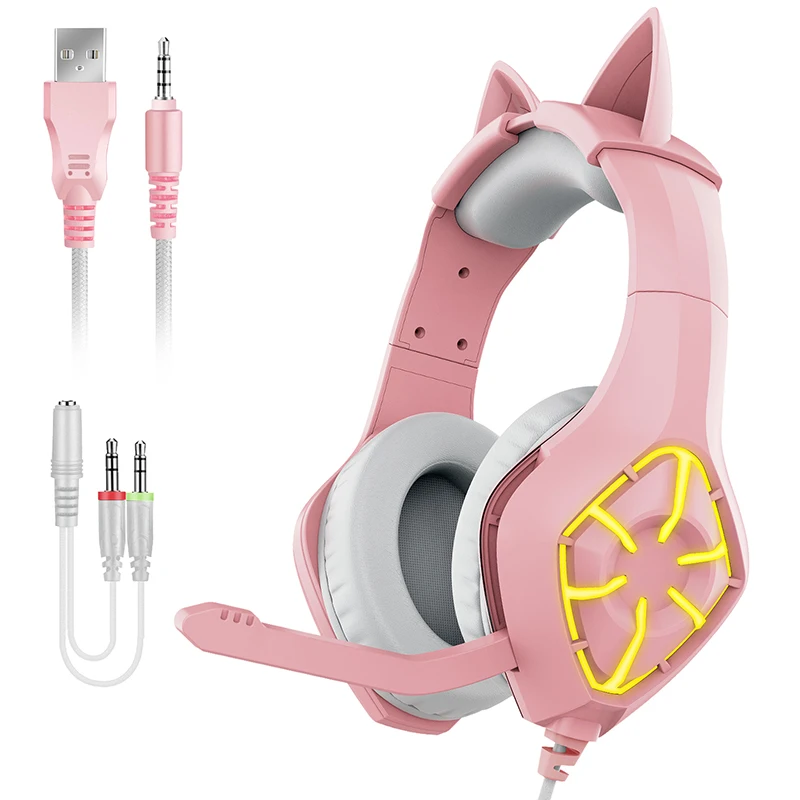

Pink Cat Ear Cute Head Mounted Wired Headset Luminous Gaming Mobile Phone Stereo Headphones With Microphone Colour Light