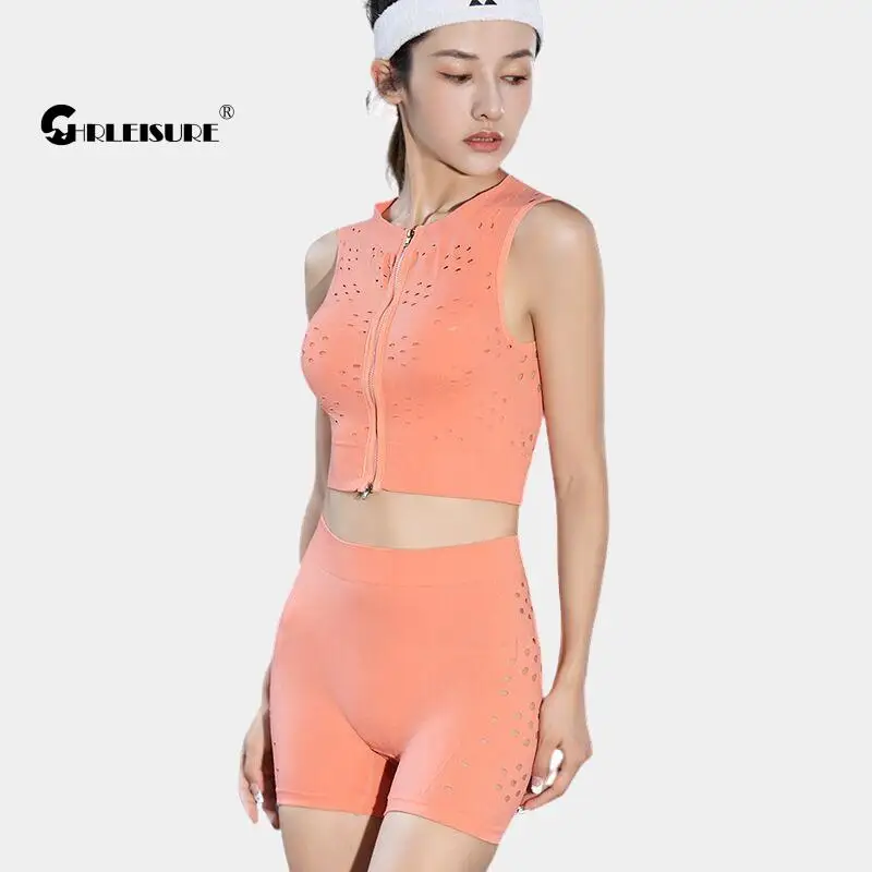 

CHRLEISURE 2 шт., костюм для йоги, ударопрочный бюстгальтер на двойной молнии, дышащий спортивный комплект, красивое нижнее белье на спине, эласти...