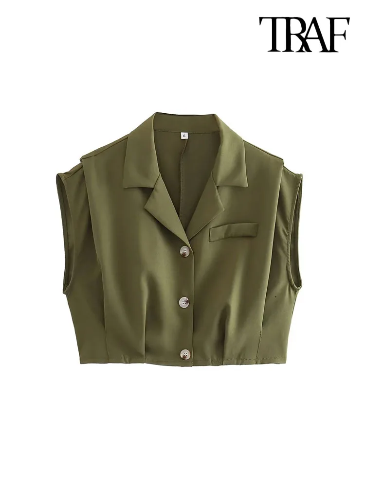 

TRAF Women Fashion Front Button Pleated Crop Waistcoat Vintage Lapel Collar Sleeveless Female Outerwear Chic Vest Tops