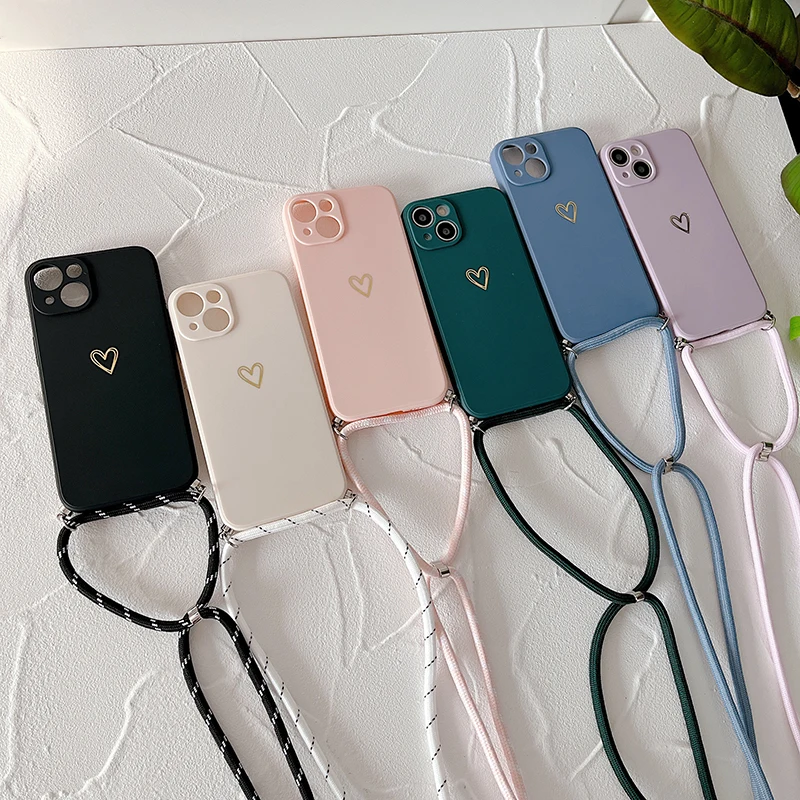 Ultra-thin Cute Heart-shaped Liquid Silicone Phone Case For iPhone 14 13 12 11 Pro XS Max SE XR X 8 7 Plus Luxury Lanyard Cover