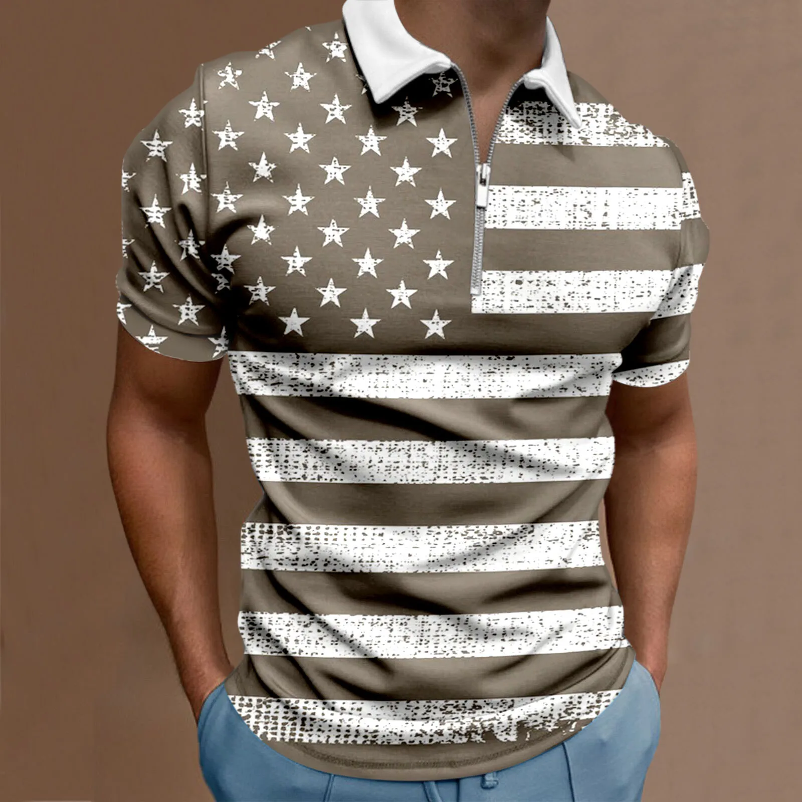 

Рубашка мужская с принтом, повседневная трикотажная с молнией, отложным воротником и короткими рукавами, подходит для машинок, на лето